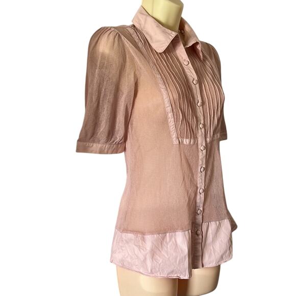 CITY UNLTD Blush Pink Mesh Blouse Size Small Button Front Short Sleeves - Picture 3 of 8